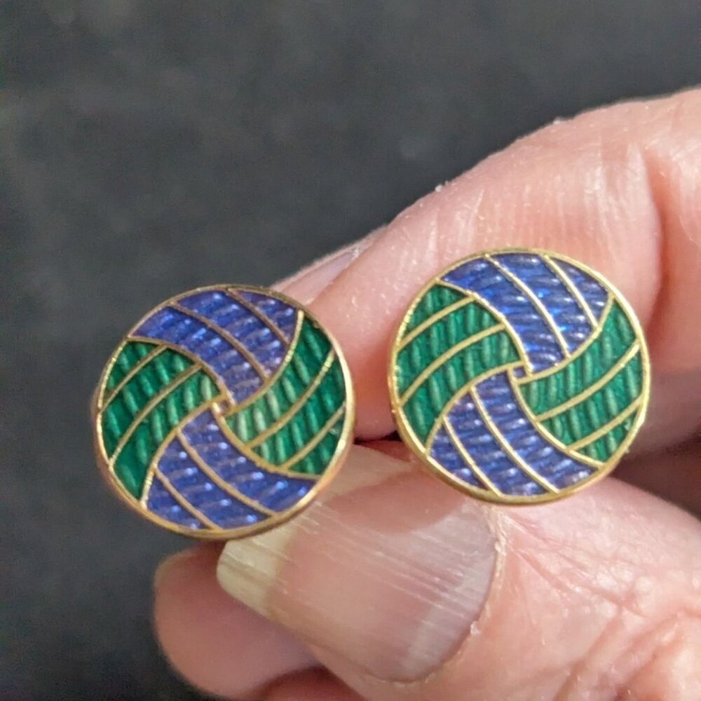 Vintage‎ Christian Dior Enamel Gold-Tone Cufflinks Green & Blue Swirl Design - Picture 2 of 10